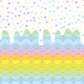 Rainbow waffles with flowing sauce and sprinkles background for your text. Sweet Kawaii funny pattern red orange yellow green blue