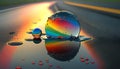 Rainbow water drop on asphalt road. 3d render illustration. Royalty Free Stock Photo