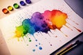 Rainbow Watercolor paints, brushes, sheet of paper with colorful stains. Ai generated