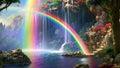 Rainbow and waterfall in the forest. 3d rendering. Computer digital drawing, A magical rainbow waterfall pouring down into a shiny