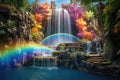 Rainbow and waterfall in the tropical garden. 3d rendering, A magical rainbow waterfall pouring down into a shiny crystal pool, AI