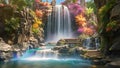 Rainbow and waterfall in the tropical garden. 3d rendering, A magical rainbow waterfall pouring down into a shiny crystal pool, AI