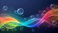 Rainbow waves and bubbles on dark blue background with sparkles abstract bright Royalty Free Stock Photo