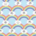 Rainbow, white clouds of emoticons. A seamless pattern for your ideas. Royalty Free Stock Photo