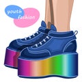 Rainbow women sneakers on high platform cartoon isolated white background