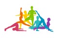 Rainbow yoga asanas. Rainbow colored silhouettes of women practicing yoga. Vector illustration