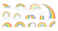 Rainbows. Cartoon flat rainbow icons, funny symbol with kawaii face clouds. Kids weather symbols, isolated colorful arc Royalty Free Stock Photo