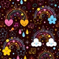 Rainbows clouds hearts cartoon pattern