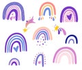 Rainbows collection. Baby rainbow with hearts, clouds, rain in the Scandinavian style. Perfect for kids, posters, prints,