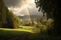 rainbows end near a lush green landscape Royalty Free Stock Photo