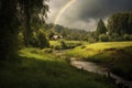 rainbows end near a lush green landscape Royalty Free Stock Photo