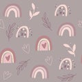 Rainbows seamless pattern. Twigs, flowers and hearts. Boho style. Creative scandinavian kids texture for fabric, wrapping, textile Royalty Free Stock Photo