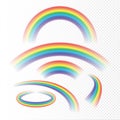 Rainbows set different shape realistic on transparent background. Vector isolated rainbow arch design concept