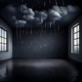 Dark, rainy storm cloud in an empty dark room - ai generated image Royalty Free Stock Photo