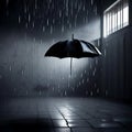 Dark, rainy storm cloud in an empty dark room - ai generated image Royalty Free Stock Photo