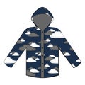 Raincoat vector flat illustration in colourful pattern with clouds on dark blue background