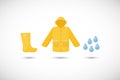 Raincoat, rainboots and rain drops flat icons set