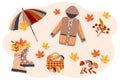 Raincoat, Rubber Boots, A Basket With Mushrooms And An Umbrella On A Background With Autumn Leaves Autumn Vector Set