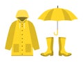 Raincoat, rubber boots, open umbrella, set of rainy season in flat on white background design vector Royalty Free Stock Photo