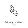 Raindrop on a hand outline vector icon. Thin line black raindrop on a hand icon, flat vector simple element illustration from