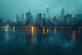Concept Cityscape Elopement, Rainy Evening, Dramatic Skyline Portrait Raindrop Veil Over Urban Dusk