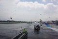 Raindrops on the airplane window at the airport