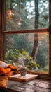 Raindrops bead on a windowpane overlooking a verdant landscape, with the coziness of a lit candle and steaming cup