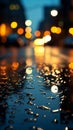 Raindrops blur on glass, a citys nocturnal backdrop emerges softly