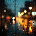 Raindrops blur on glass, a citys nocturnal backdrop emerges softly