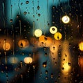 Raindrops blur on glass, a citys nocturnal backdrop emerges softly