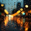 Raindrops blur on glass, a citys nocturnal backdrop emerges softly