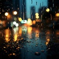 Raindrops blur on glass, a citys nocturnal backdrop emerges softly