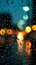 Raindrops blur on glass, a citys nocturnal backdrop emerges softly
