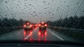 Raindrops on Car Window with Red Tail Lights Royalty Free Stock Photo