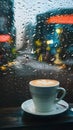 Raindrops on coffee shop window, blurry city life background