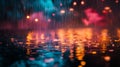 Raindrops on colorful water surface, abstract night lights. Dreamy atmosphere and tranquility concept Royalty Free Stock Photo