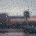 Raindrops cover a glass surface, creating a textured pattern. In the blurred backgroun Royalty Free Stock Photo