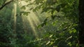 Raindrops fall on green leaves of a tree by Generative AI Royalty Free Stock Photo