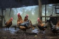 raindrops falling on hens pecking at a muddy ground