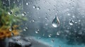 Raindrops falling on window glass reflecting nature Royalty Free Stock Photo