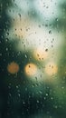 Raindrops on a foggy window with blurred bokeh lights in the background, serene and calm atmosphere