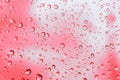 Raindrops on glass. Bright beautiful background of trendy coral color. Delicate pink backdrop. Water drop texture Royalty Free Stock Photo