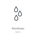 Raindrops icon. Thin linear raindrops outline icon isolated on white background from weather collection. Line vector sign, symbol