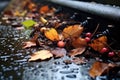 raindrops splashing on fallen leaves stuck in a gutter