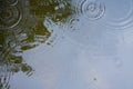 raindrops on the water surface in a puddle with graduated drop shadow and blue sky reflection