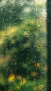 Raindrops on a window with a blurry view of nature, serene and calming atmosphere