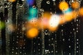 Rain drops on the window. Colorful street lights on the rain. Blurred abstract background. Royalty Free Stock Photo