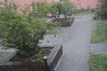 Raindrops on the window pane and the view out of the window showing rain and grains of hail on the ground. Royalty Free Stock Photo