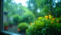 Raindrops on windowpane with blurred garden view Royalty Free Stock Photo