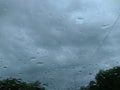 raindrops on the windshield of the car against the background of the sky and trees on the sides.